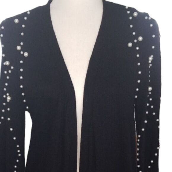 INC International Concepts Duster Cardigan Black Cashmere Blend Faux Pearls Med - Picture 4 of 13